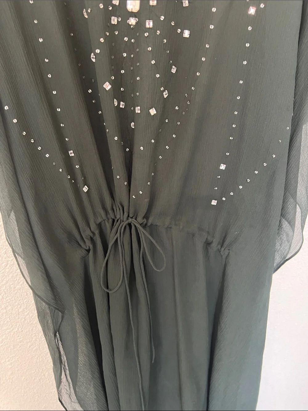 Sheer Dark Green Beaded V-Neck Caftan - Picture 5 of 5